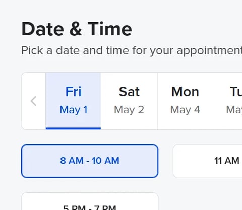 Appointment date and time picker showing Friday May 1 selected with 8 AM - 10 AM time slot highlighted