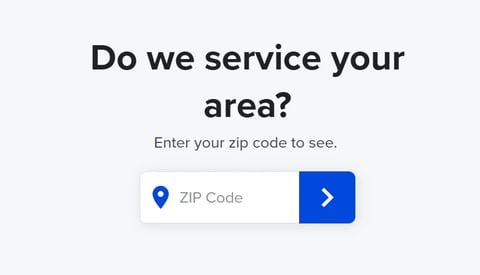 Service area lookup form asking for zip code with input field and blue search button