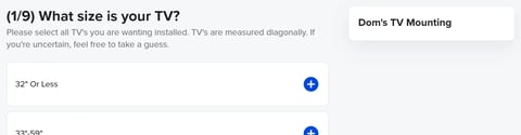 TV size selection form showing options for 32 inches or less and 55-65 inches with blue checkmark buttons