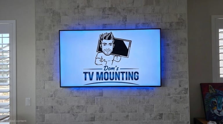 Flat-screen TV mounted on tiled wall displaying Dons TV Mounting logo with blue LED backlighting