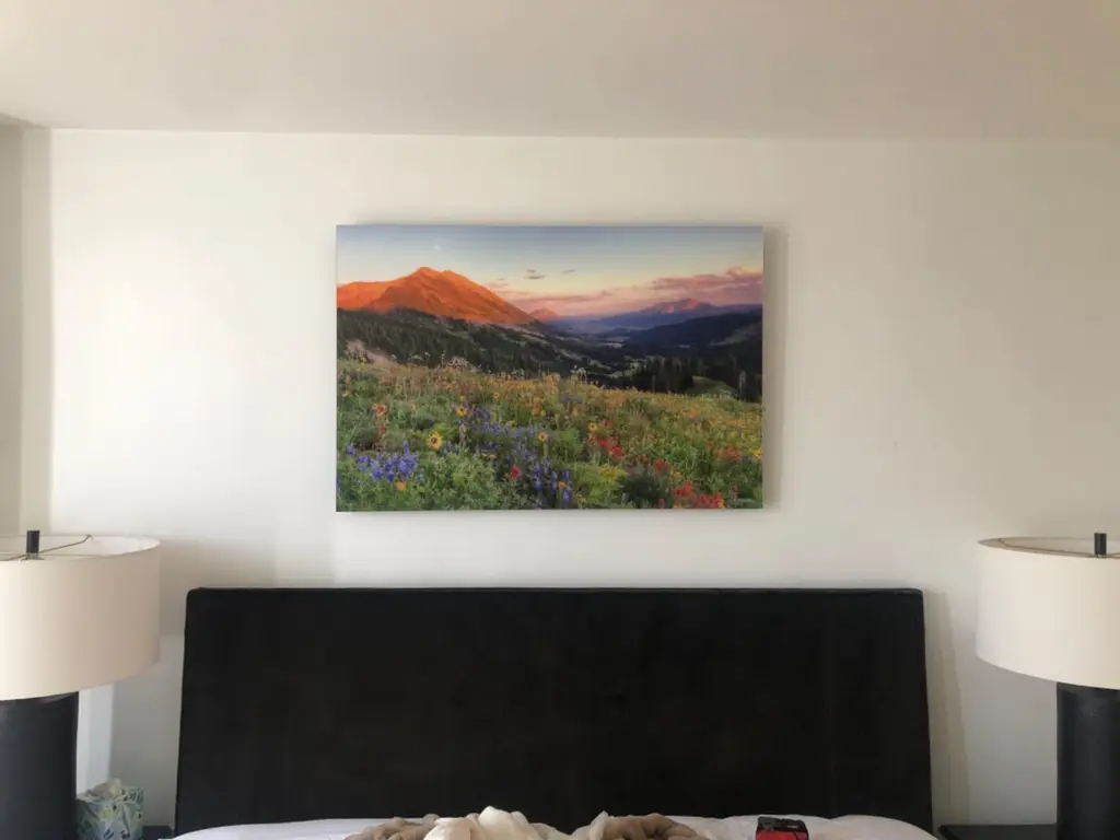 Large mountain wildflower landscape print hung level and centered above a bed