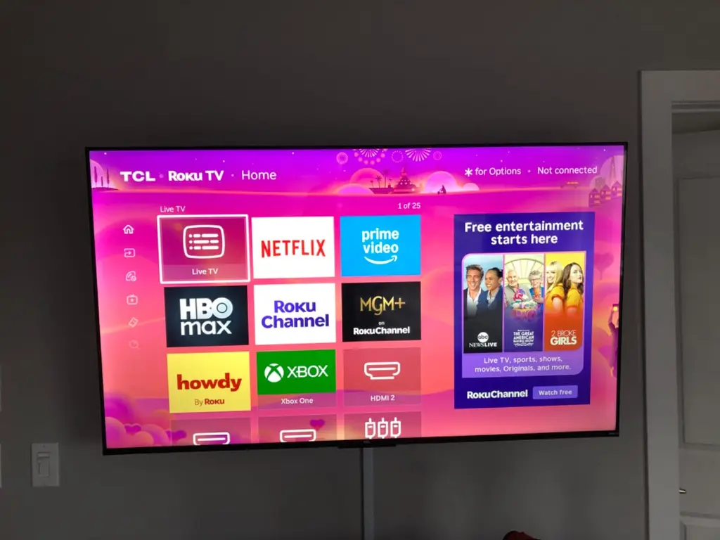 Large TCL Roku TV wall mounted on a dark accent wall